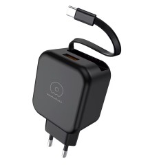 20W Power Adapter with Retractable Type-C Cable and USB Port EU Plug