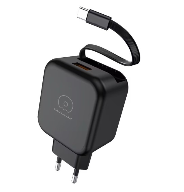 20W Power Adapter with Retractable Type-C Cable and USB Port EU Plug