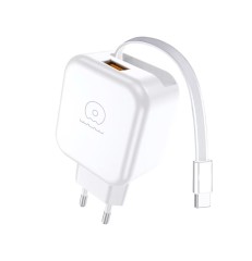 20W Power Adapter with Retractable Type-C Cable and USB Port EU Plug