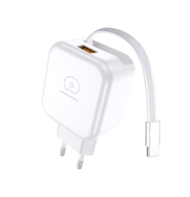20W Power Adapter with Retractable Type-C Cable and USB Port EU Plug