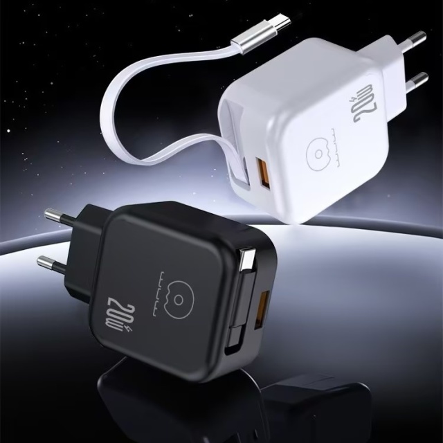 20W Power Adapter with Retractable Type-C Cable and USB Port EU Plug