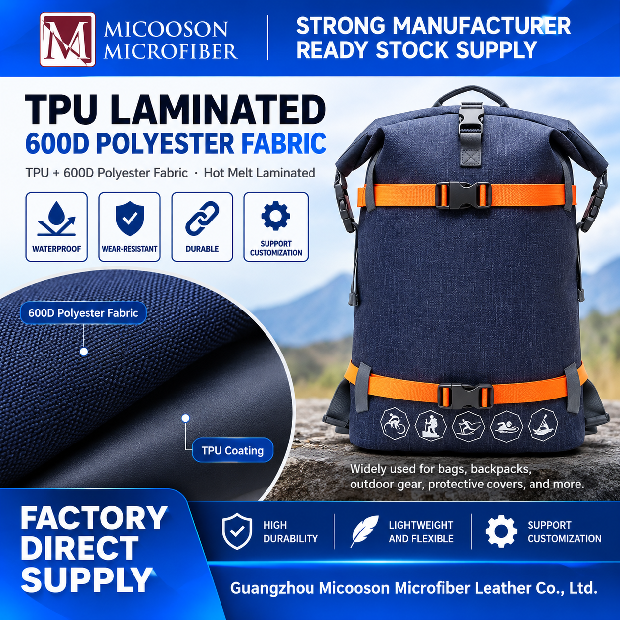 High-performance 600D polyester with single-sided TPU lamination