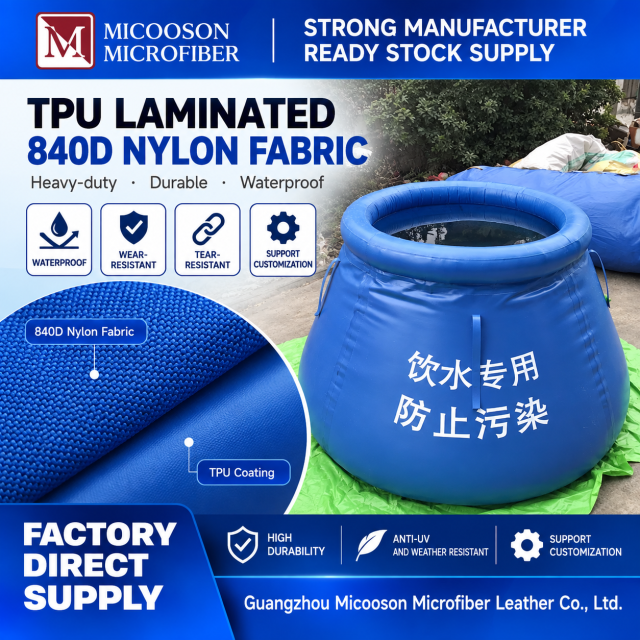 High-performance 840D blue nylon fabric with single-sided TPU lamination.