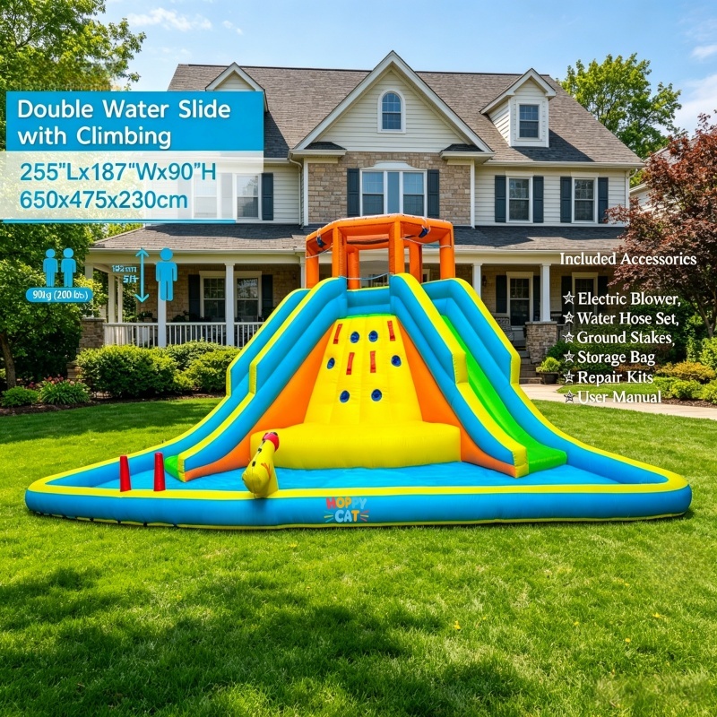 Double Lane Inflatable Water Slide with Climbing Wall