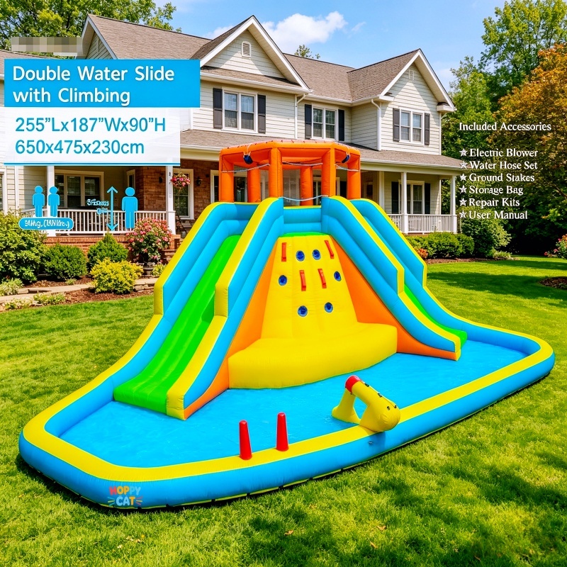Double Lane Inflatable Water Slide with Climbing Wall