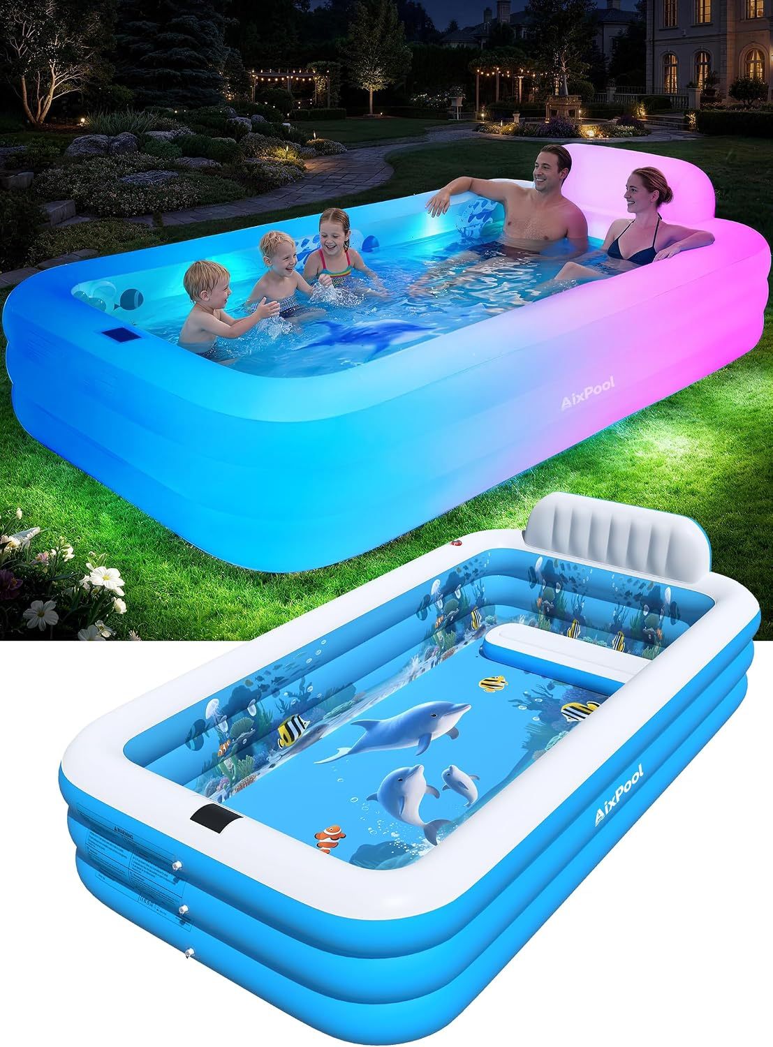 Extra Large Inflatable Pool with Lights|Upgraded Solar Powered Blow Up Pool for Adults | Inflatable Kids Swimming Pool with Seat& Backrest Big Inflatable Kids Pool for Backyard