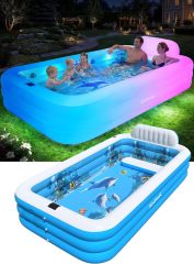 Extra Large Inflatable Pool with Lights|Upgraded Solar Powered Blow Up Pool for Adults | Inflatable Kids Swimming Pool with Seat& Backrest Big Inflatable Kids Pool for Backyard