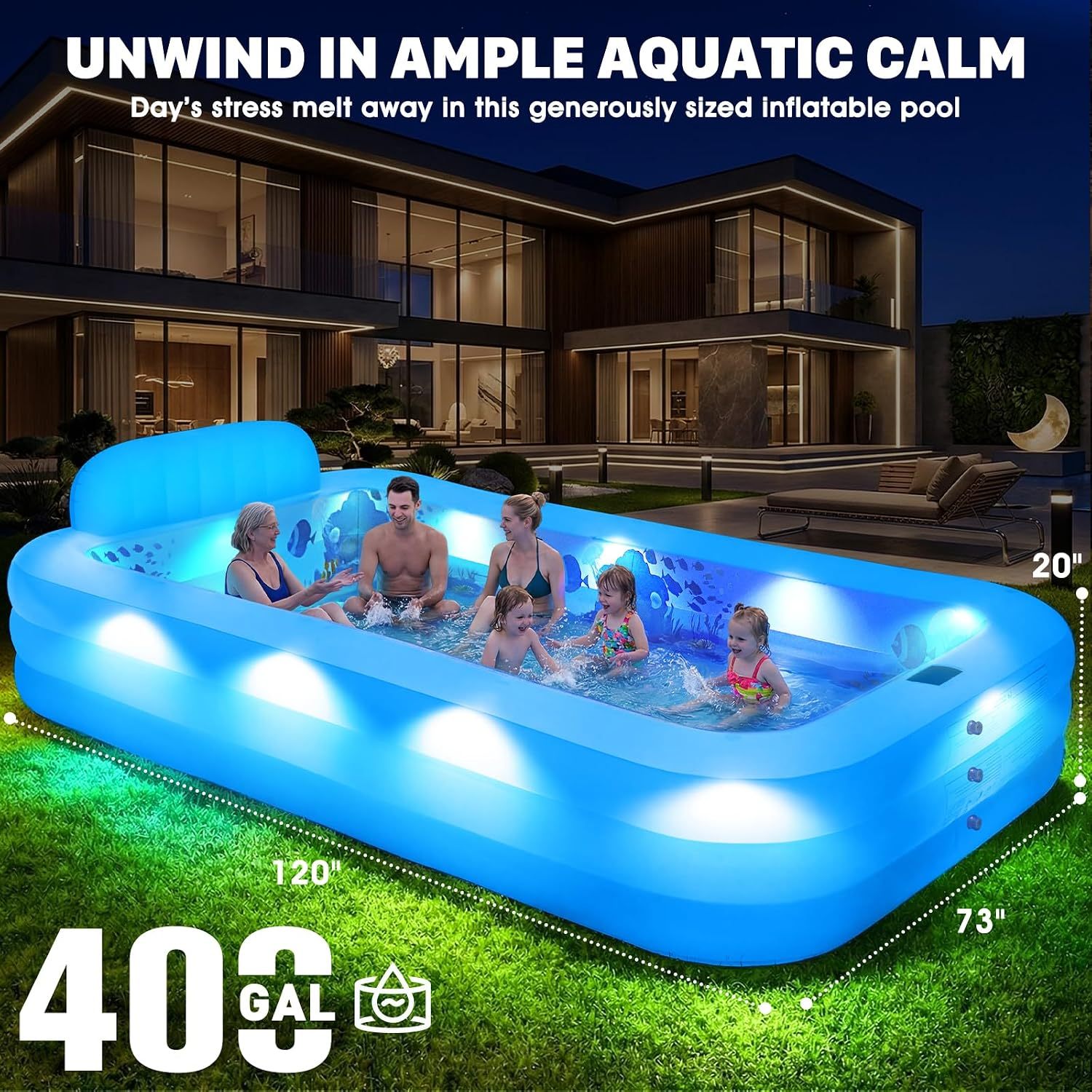 Extra Large Inflatable Pool with Lights|Upgraded Solar Powered Blow Up Pool for Adults | Inflatable Kids Swimming Pool with Seat& Backrest Big Inflatable Kids Pool for Backyard