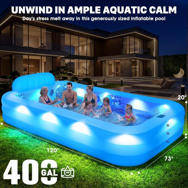 Extra Large Inflatable Pool with Lights|Upgraded Solar Powered Blow Up Pool for Adults | Inflatable Kids Swimming Pool with Seat& Backrest Big Inflatable Kids Pool for Backyard