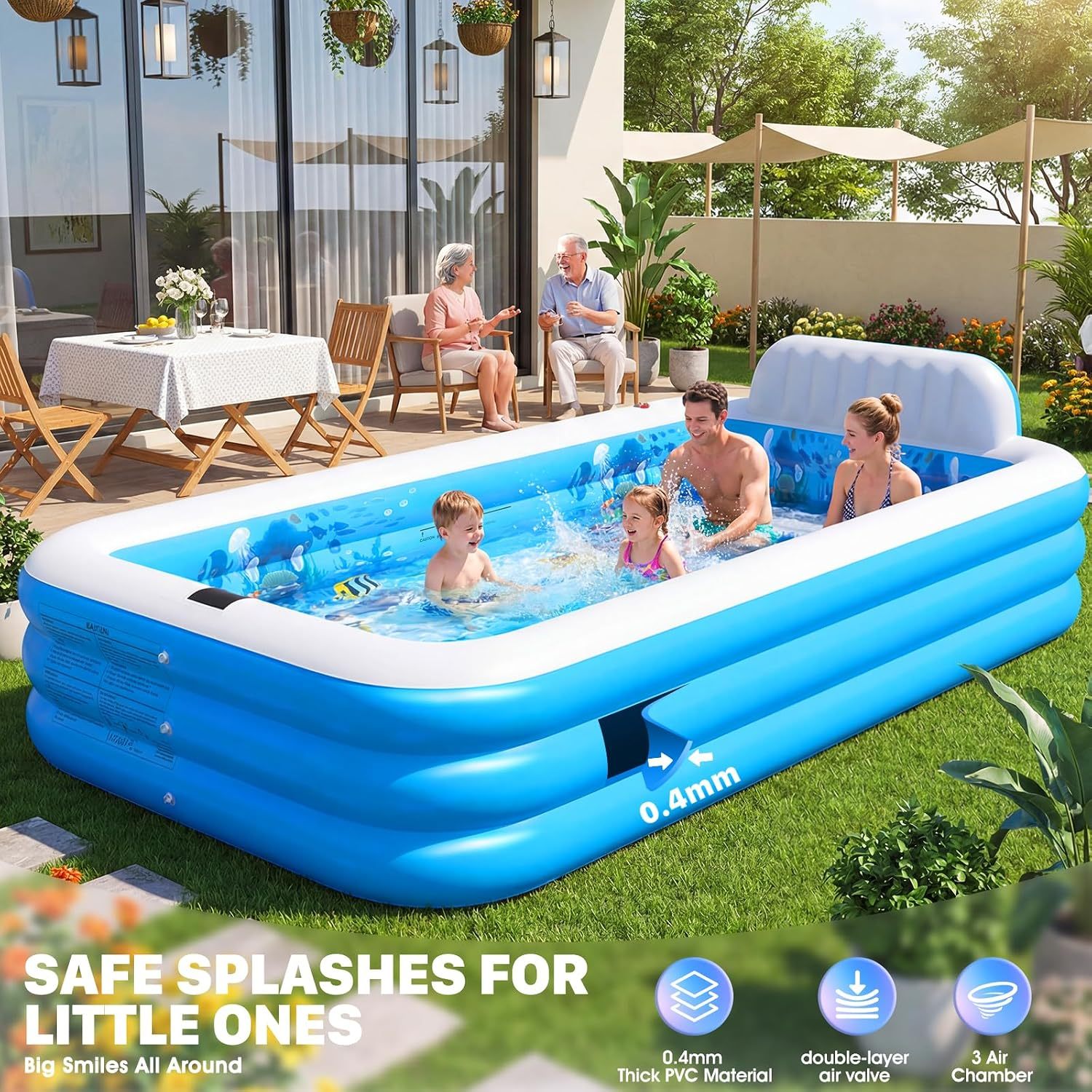 Extra Large Inflatable Pool with Lights|Upgraded Solar Powered Blow Up Pool for Adults | Inflatable Kids Swimming Pool with Seat& Backrest Big Inflatable Kids Pool for Backyard