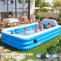 Extra Large Inflatable Pool with Lights|Upgraded Solar Powered Blow Up Pool for Adults | Inflatable Kids Swimming Pool with Seat& Backrest Big Inflatable Kids Pool for Backyard