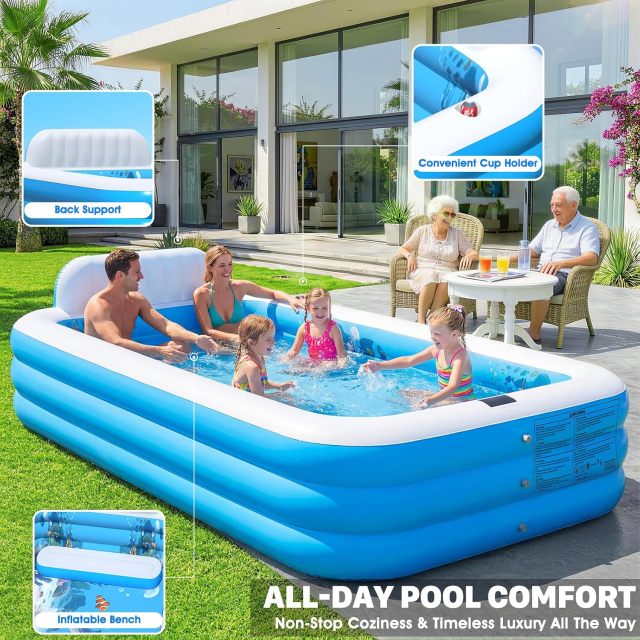 Extra Large Inflatable Pool with Lights|Upgraded Solar Powered Blow Up Pool for Adults | Inflatable Kids Swimming Pool with Seat& Backrest Big Inflatable Kids Pool for Backyard