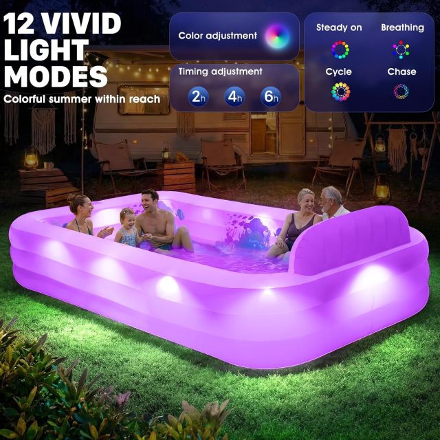 Extra Large Inflatable Pool with Lights|Upgraded Solar Powered Blow Up Pool for Adults | Inflatable Kids Swimming Pool with Seat& Backrest Big Inflatable Kids Pool for Backyard