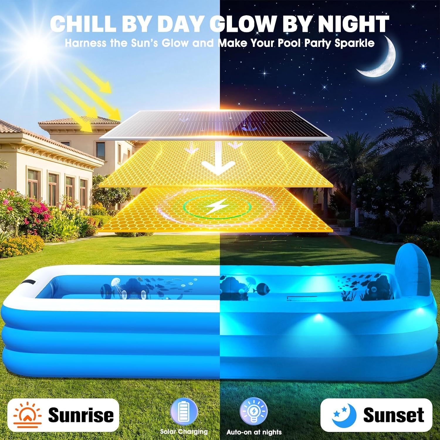 Extra Large Inflatable Pool with Lights|Upgraded Solar Powered Blow Up Pool for Adults | Inflatable Kids Swimming Pool with Seat& Backrest Big Inflatable Kids Pool for Backyard