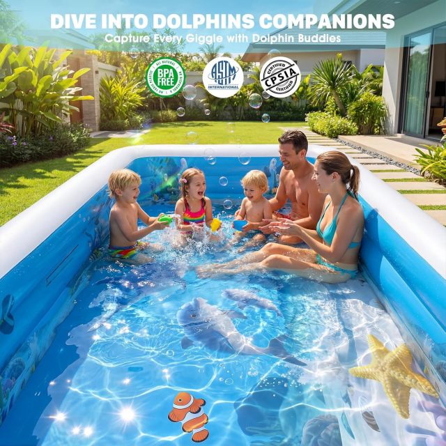 Extra Large Inflatable Pool with Lights|Upgraded Solar Powered Blow Up Pool for Adults | Inflatable Kids Swimming Pool with Seat& Backrest Big Inflatable Kids Pool for Backyard
