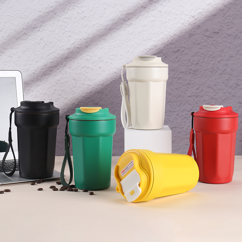 Custom Logo 450-480ml 304 Stainless Steel Double Wall Insulated Coffee Tumbler Travel Coffee Mug With Lid and Rope