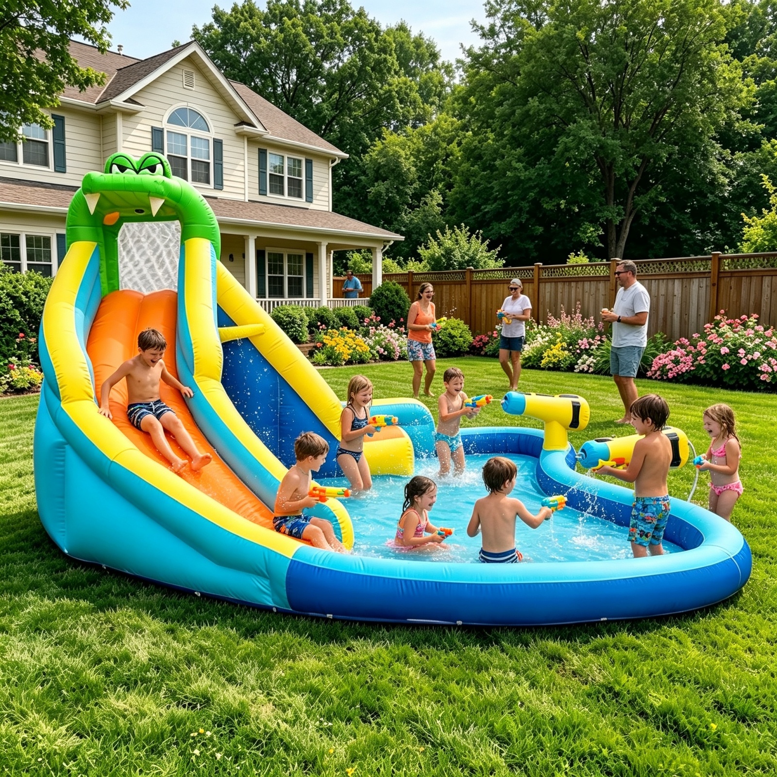 Kids Inflatable Bounce House with Splash Pool & Basketball Hoop