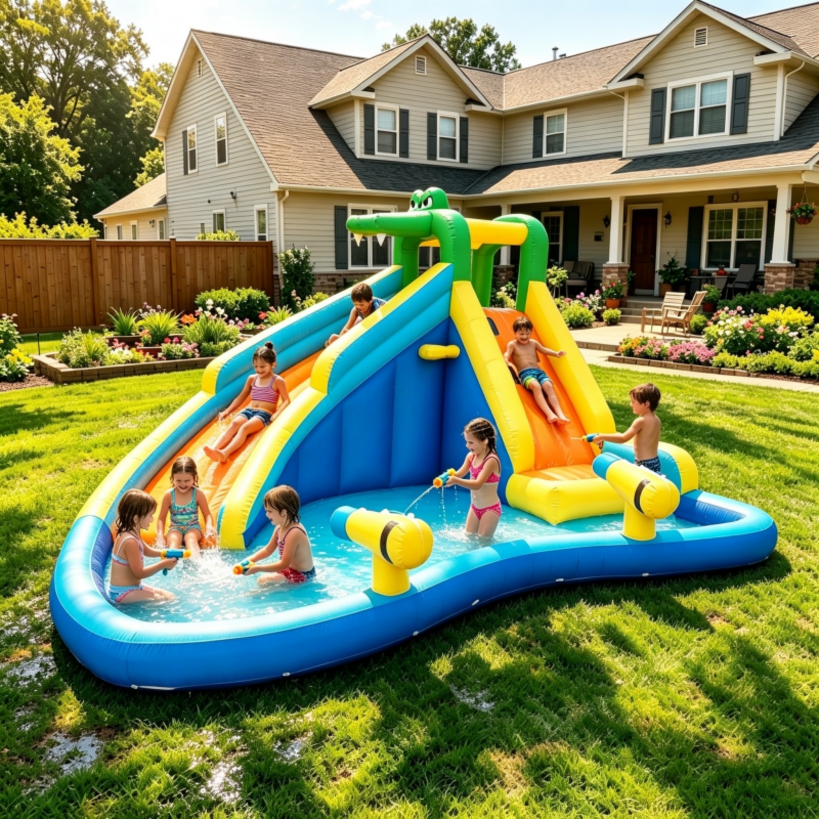 Kids Inflatable Bounce House with Splash Pool & Basketball Hoop