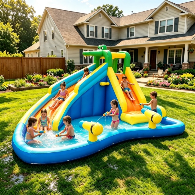 Kids Inflatable Bounce House with Splash Pool & Basketball Hoop