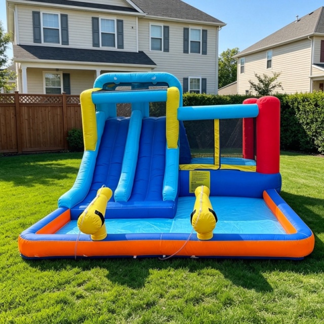 Double-Slide Inflatable Water Bounce House with Twin Water Cannons