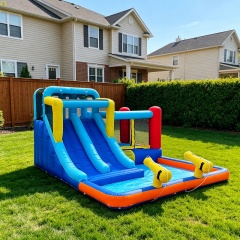 Double-Slide Inflatable Water Bounce House with Twin Water Cannons