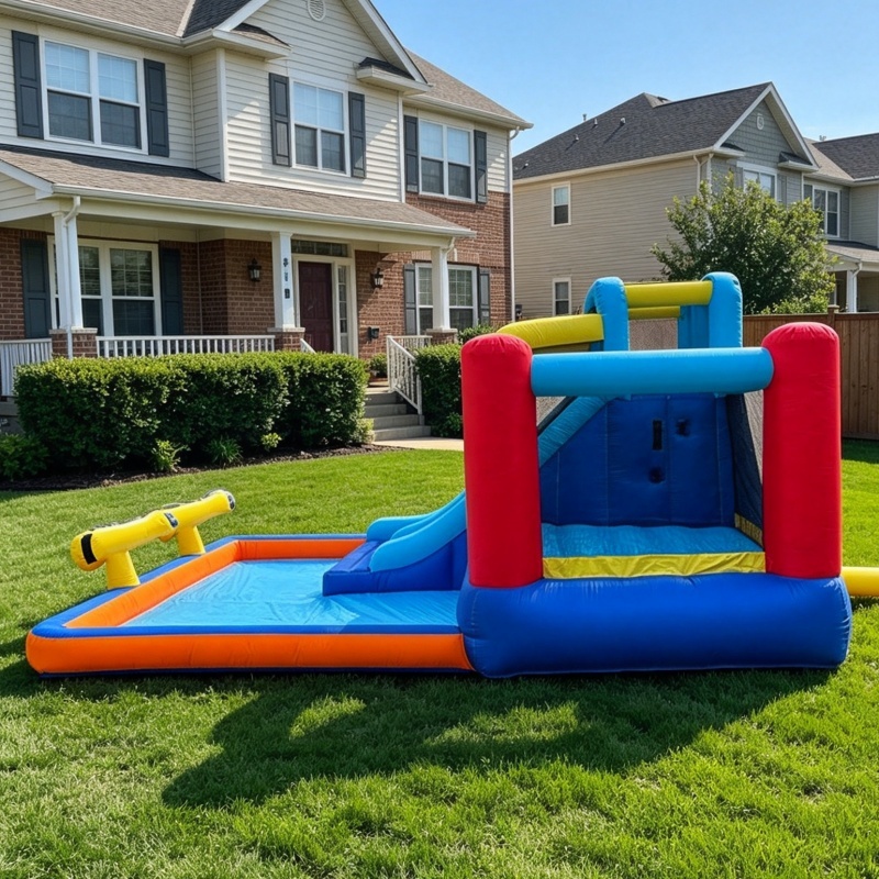 Double-Slide Inflatable Water Bounce House with Twin Water Cannons