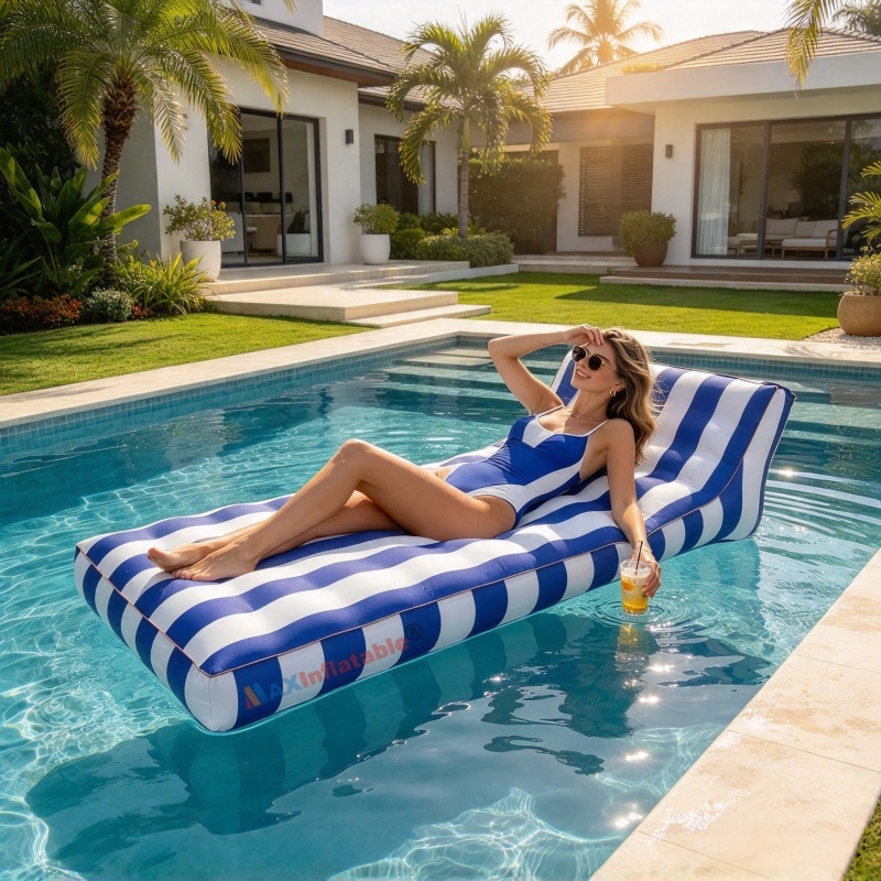 Inflatable Pool Floating Lounger Blue White Striped Water Chaise Bed