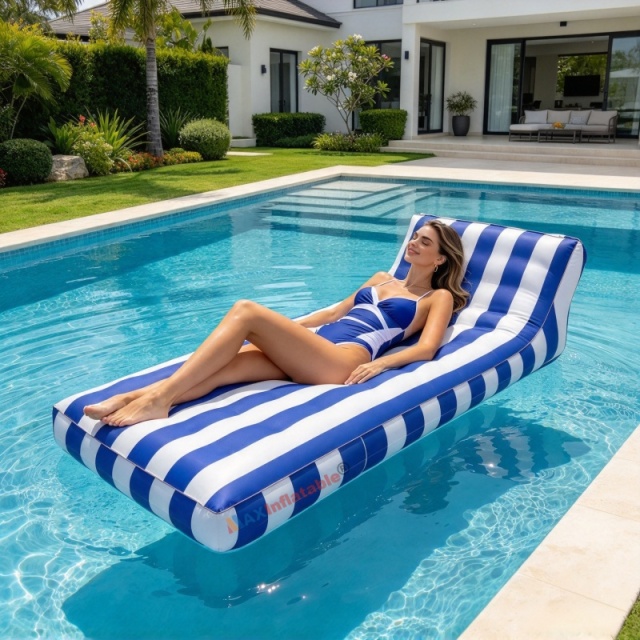 Inflatable Pool Floating Lounger Blue White Striped Water Chaise Bed