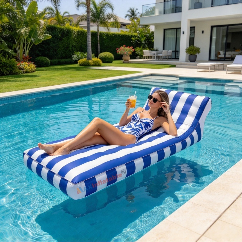 Inflatable Pool Floating Lounger Blue White Striped Water Chaise Bed