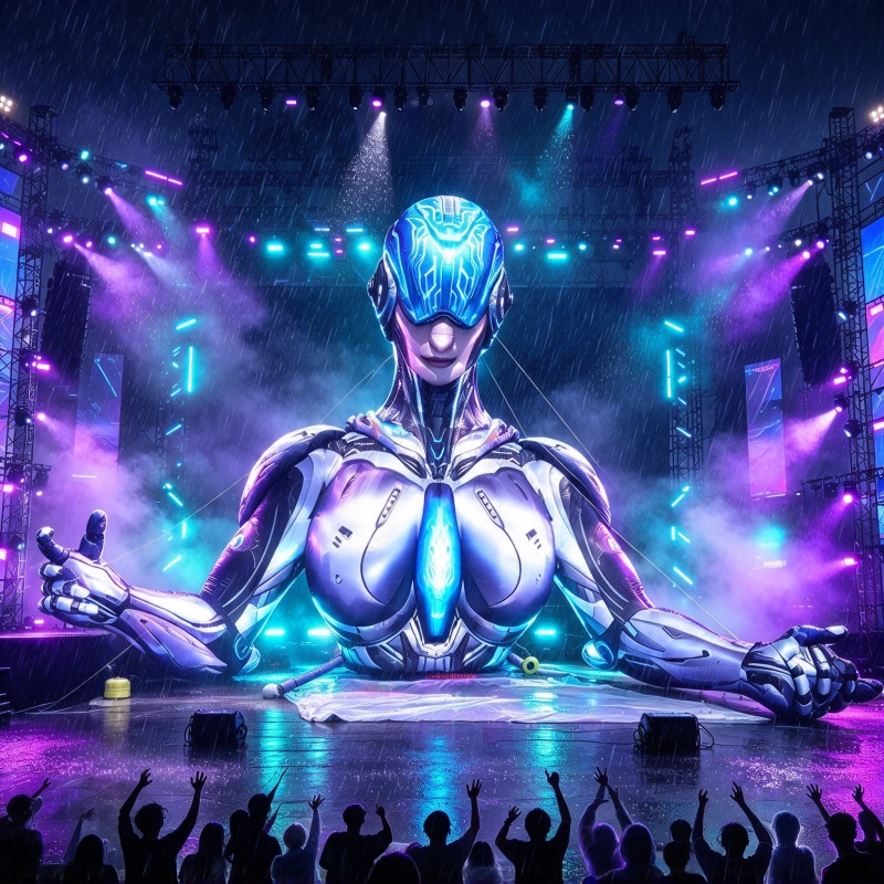 Wet cyberpunk robot inflatable on rainy festival stage, waterproof nylon inflatable prop