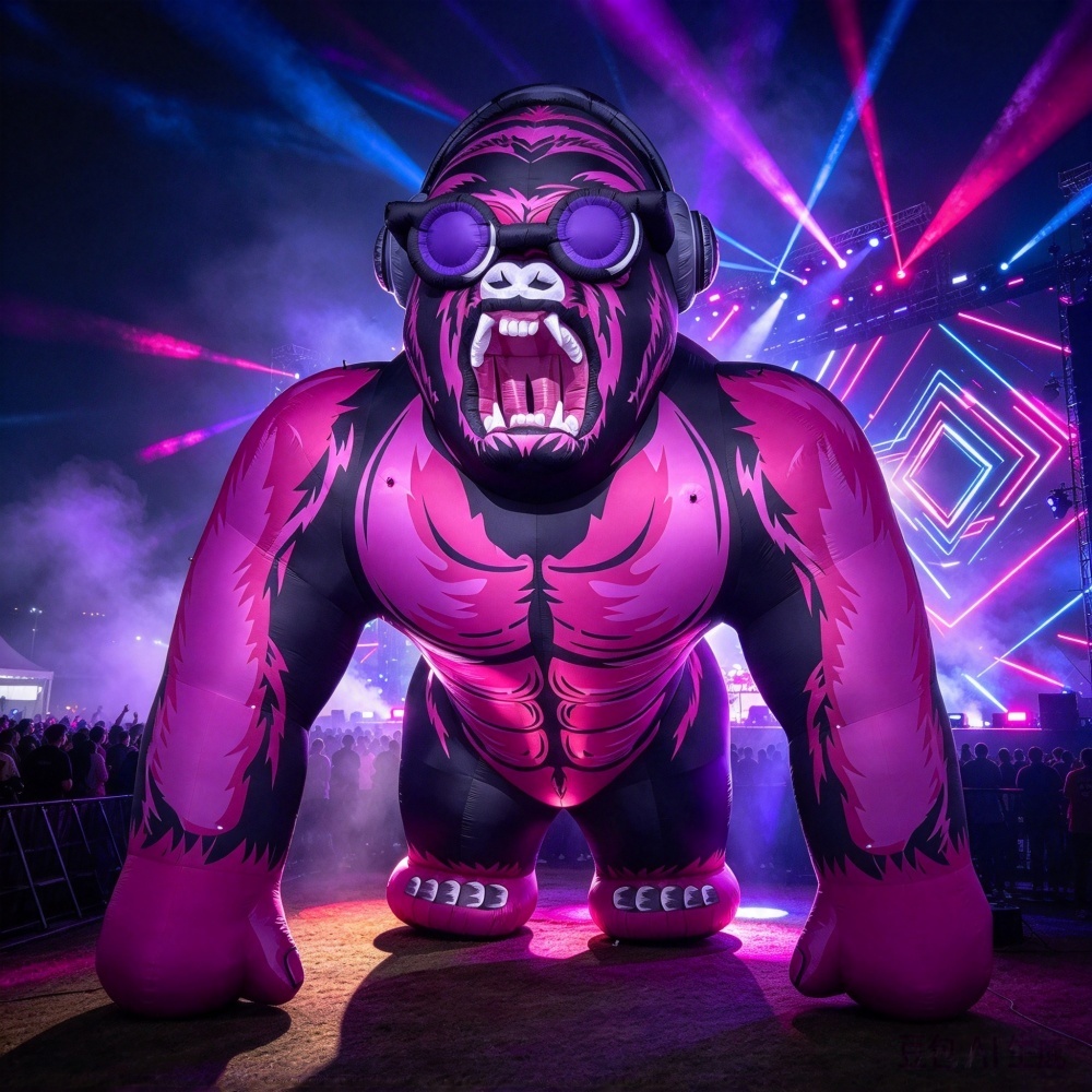 Giant Pink Black Inflatable DJ Gorilla Mascot With Headphones Glasses