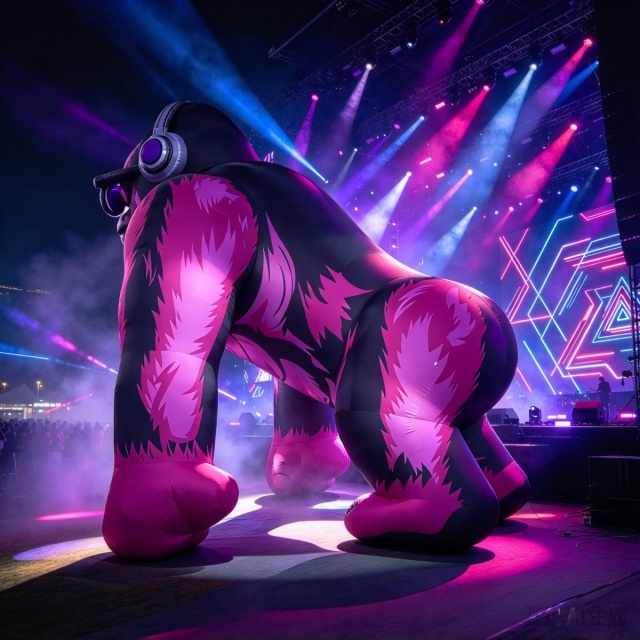 Giant Pink Black Inflatable DJ Gorilla Mascot With Headphones Glasses