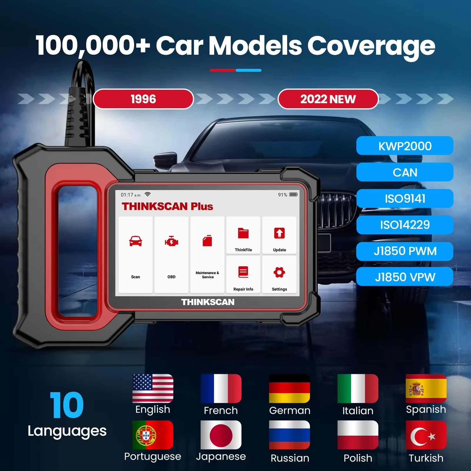 THINKCAR Thinkscan Plus S7 Systems Diagnostics Lifetime Free (ECM, ABS, SRS, TCM, BCM, AC, IC) OBD2 Automotive Diagnostic Scanner +  optional 5 reset service