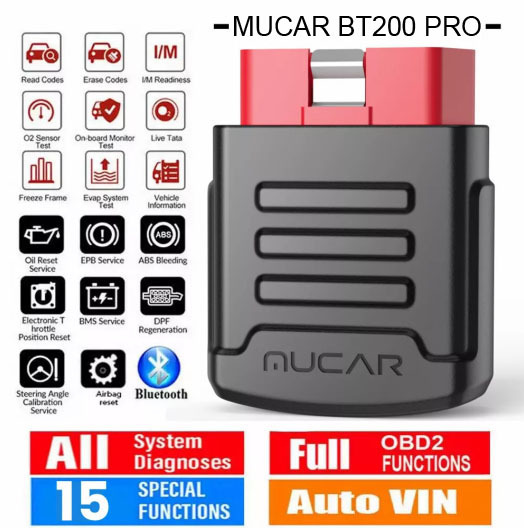 MUCAR BT200\BT200 PRO OBD2 Scanner Diagnostic Tool Bluetooth, Full System Automotive Scan Tool Free Oil/SAS 2 Reset Code Reader