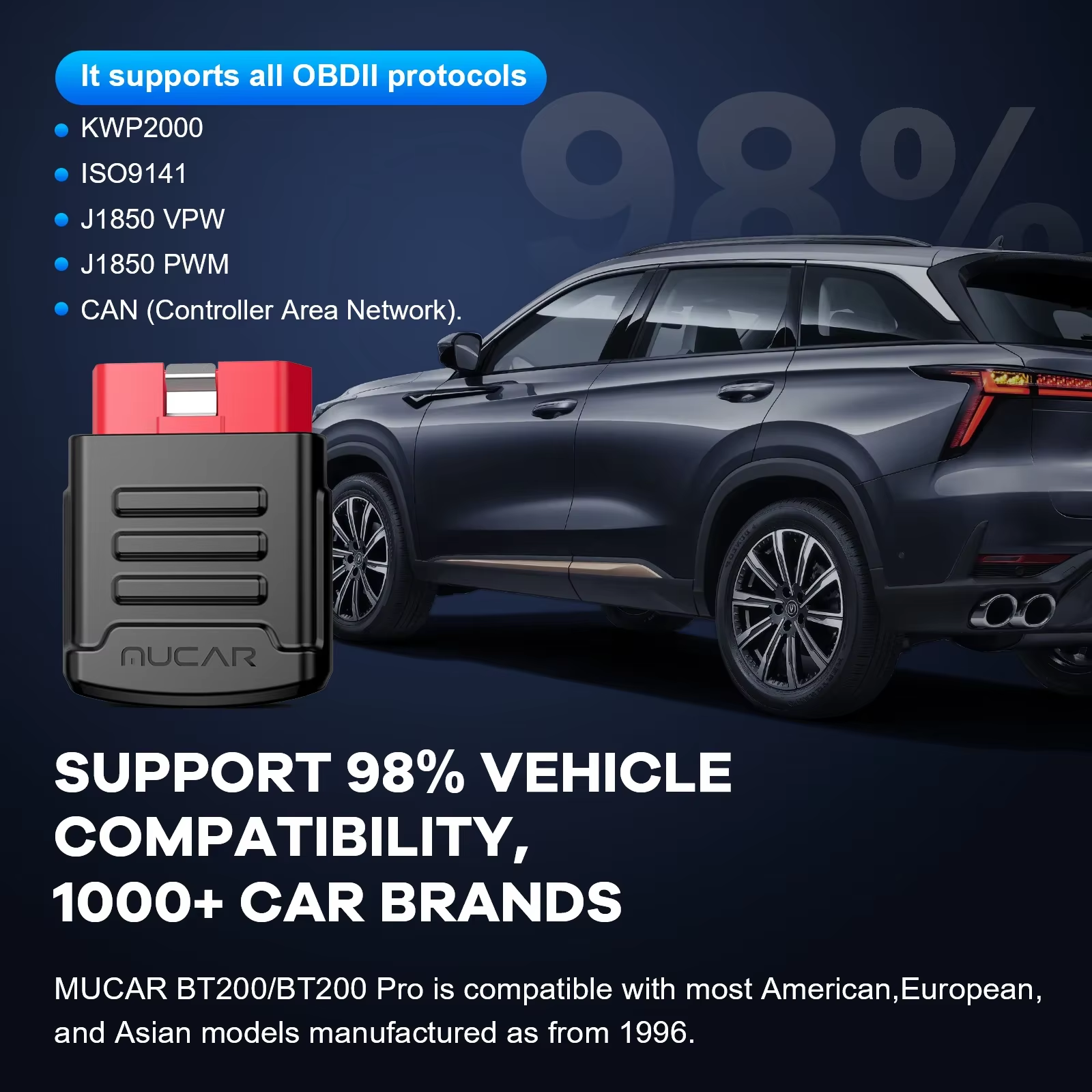 MUCAR BT200\BT200 PRO OBD2 Scanner Diagnostic Tool Bluetooth, Full System Automotive Scan Tool Free Oil/SAS 2 Reset Code Reader
