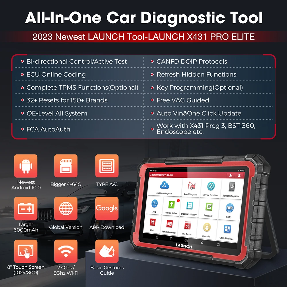 LAUNCH X431 PRO ELITE 8' inch Car Diagnostic Tools Auto OBD OBD2 Scanner CAN FD/DOIP ECU Coding Active Test PK CRP919E BT