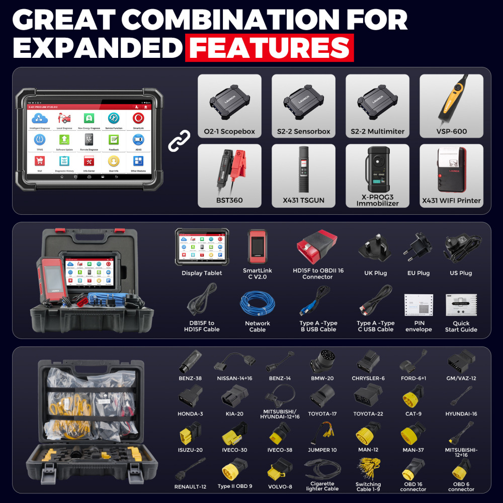 LAUNCH X431 PRO3S+ SmartLink HD 12V Car 24V Truck Full System Diagnostic Tools 10.1' INCH Auto OBD OBD2 Scanner