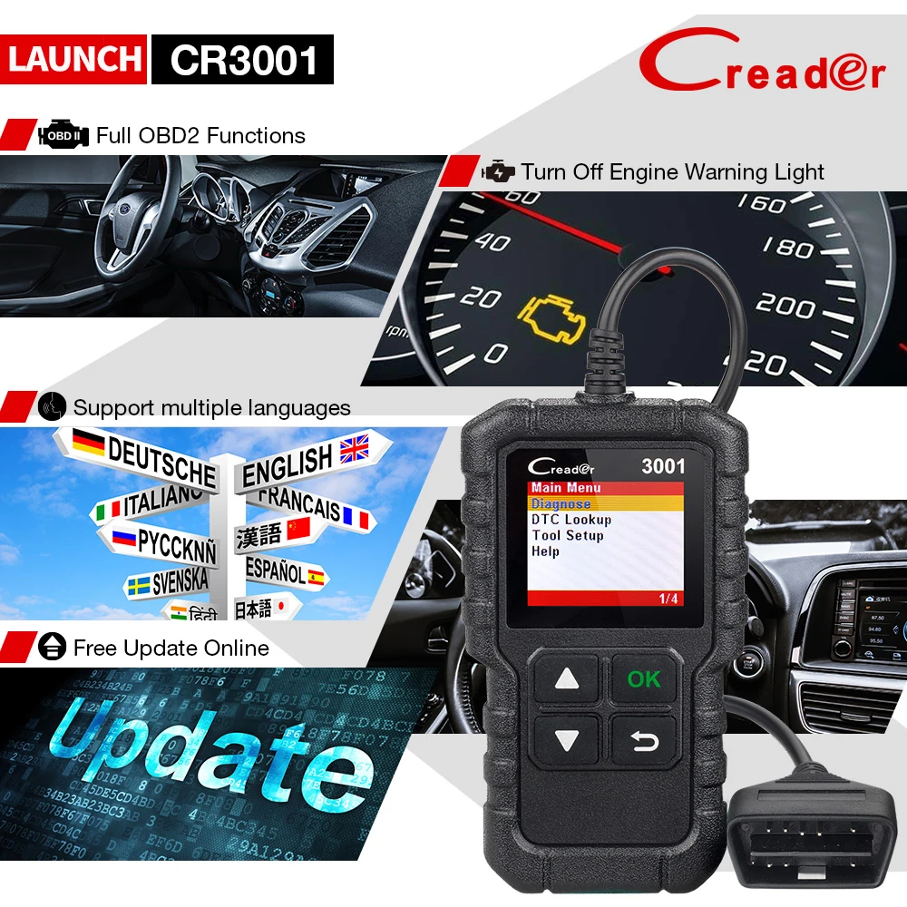 LAUNCH X431 CR3001 Car Full OBD2 Diagnostic Tools Automotive Professional Code Reader Scanner Check Engine Free Update pk ELM327