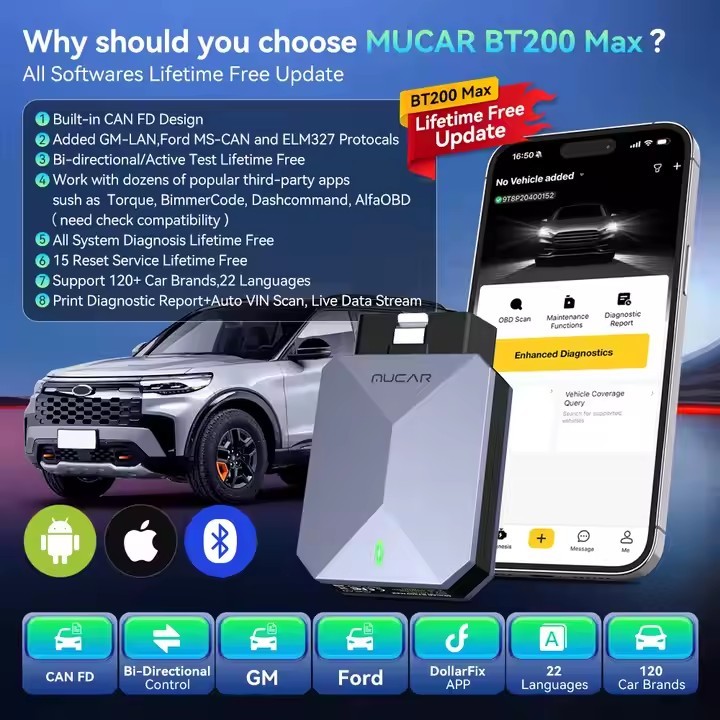 MUCAR BT200 MAX OBD2 Scanner Full System CANFD Diagnostic Tools 15 Resets Lifetime Free Update BI-Directional Control Car Tools