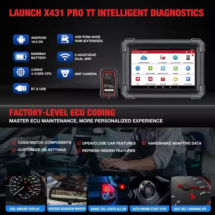 LAUNCH X431 PRO TT 8 inch Car Diagnostic Tool DBSCar VII Connector 37+ Reset Bi-directional ECU Online Coding CANFD Key IMMO