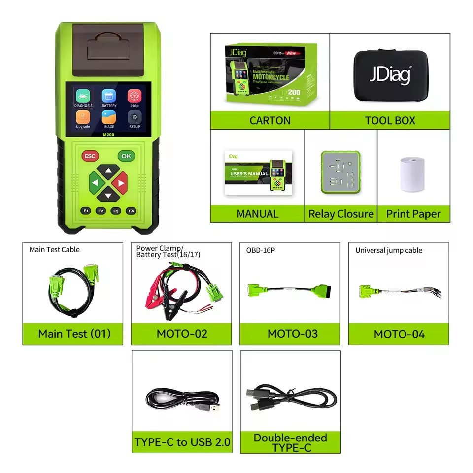 JDiag M200 Motorcycle Diagnostic OBD2 Scanner Moto Fault Code Reader Battery Tester Motoscan Tool For BMW Yamaha Kawasaki Honda