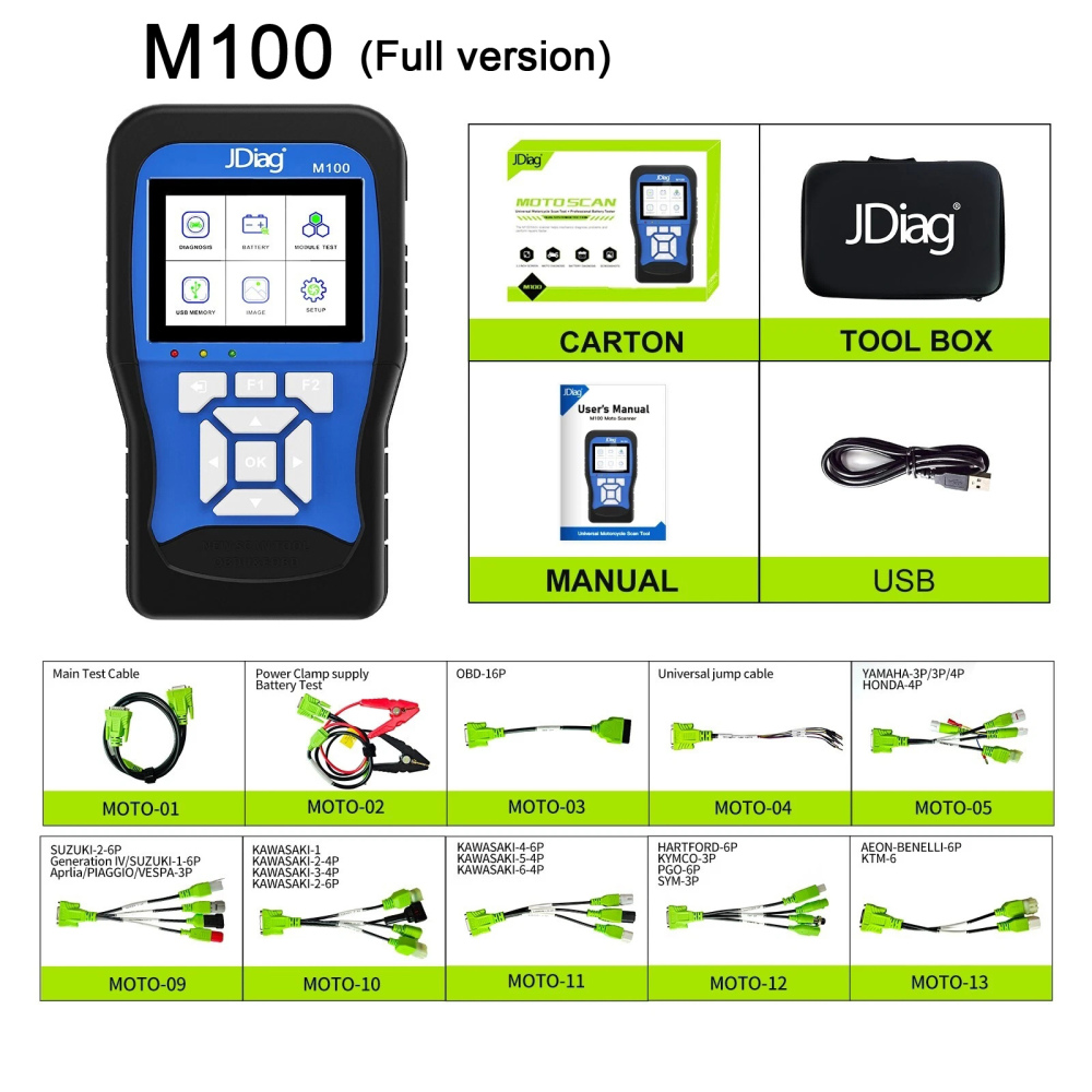 JDiag M100 Motorcycle Diagnostic Scanner Moto Fault Diagnostic Tool Motorbike Code Reader For KTM Yamaha Kawasaki Suzuki Honda
