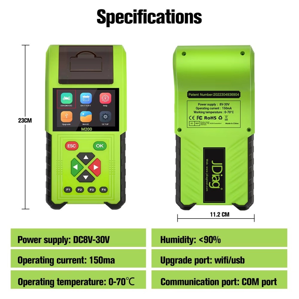 JDiag M200 Motorcycle Diagnostic OBD2 Scanner Moto Fault Code Reader Battery Tester Motoscan Tool For BMW Yamaha Kawasaki Honda