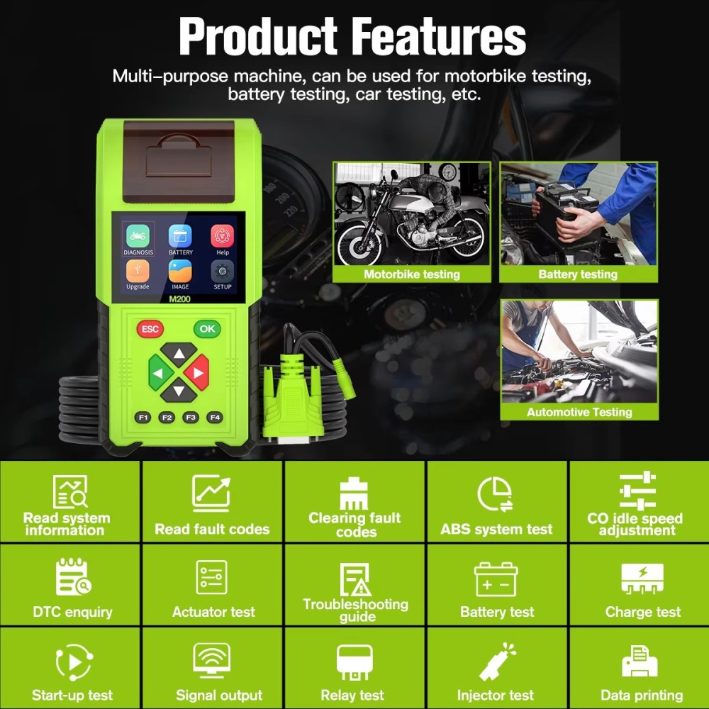 JDiag M200 Motorcycle Diagnostic OBD2 Scanner Moto Fault Code Reader Battery Tester Motoscan Tool For BMW Yamaha Kawasaki Honda