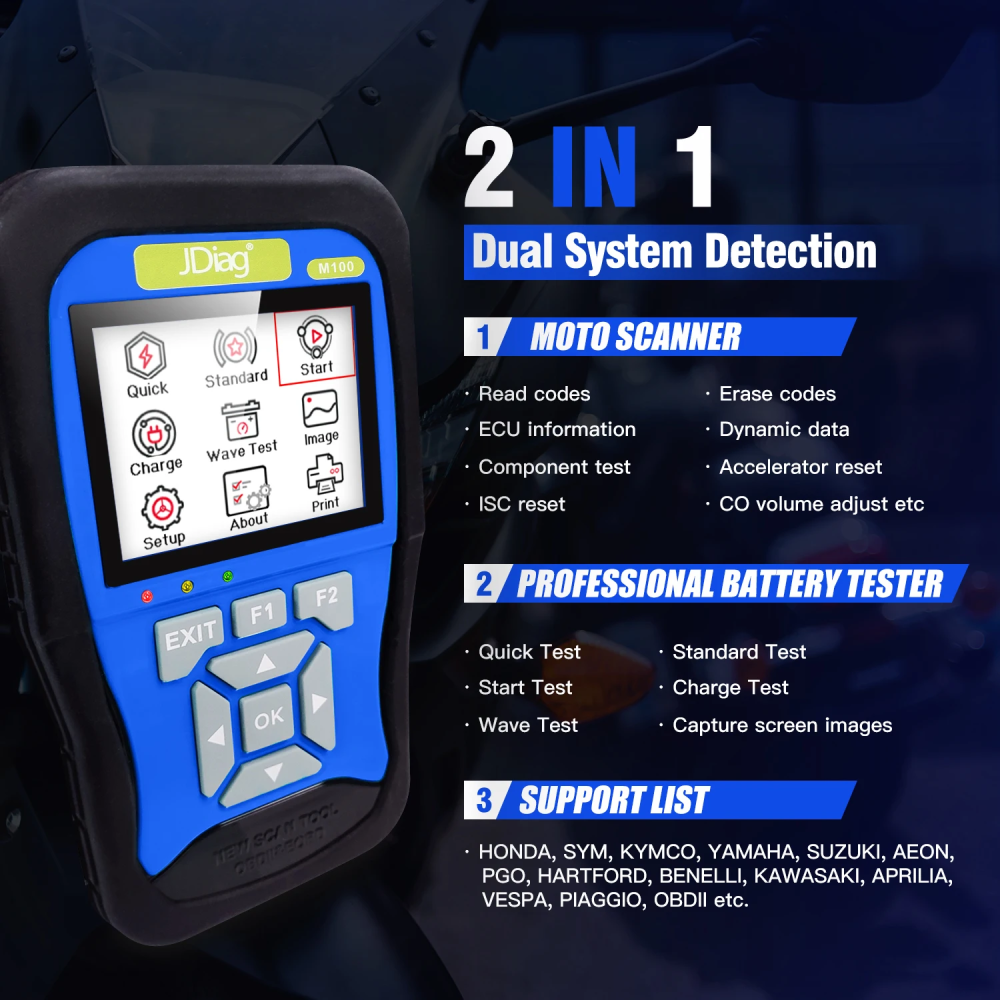 JDiag M100 Motorcycle Diagnostic Scanner Moto Fault Diagnostic Tool Motorbike Code Reader For KTM Yamaha Kawasaki Suzuki Honda
