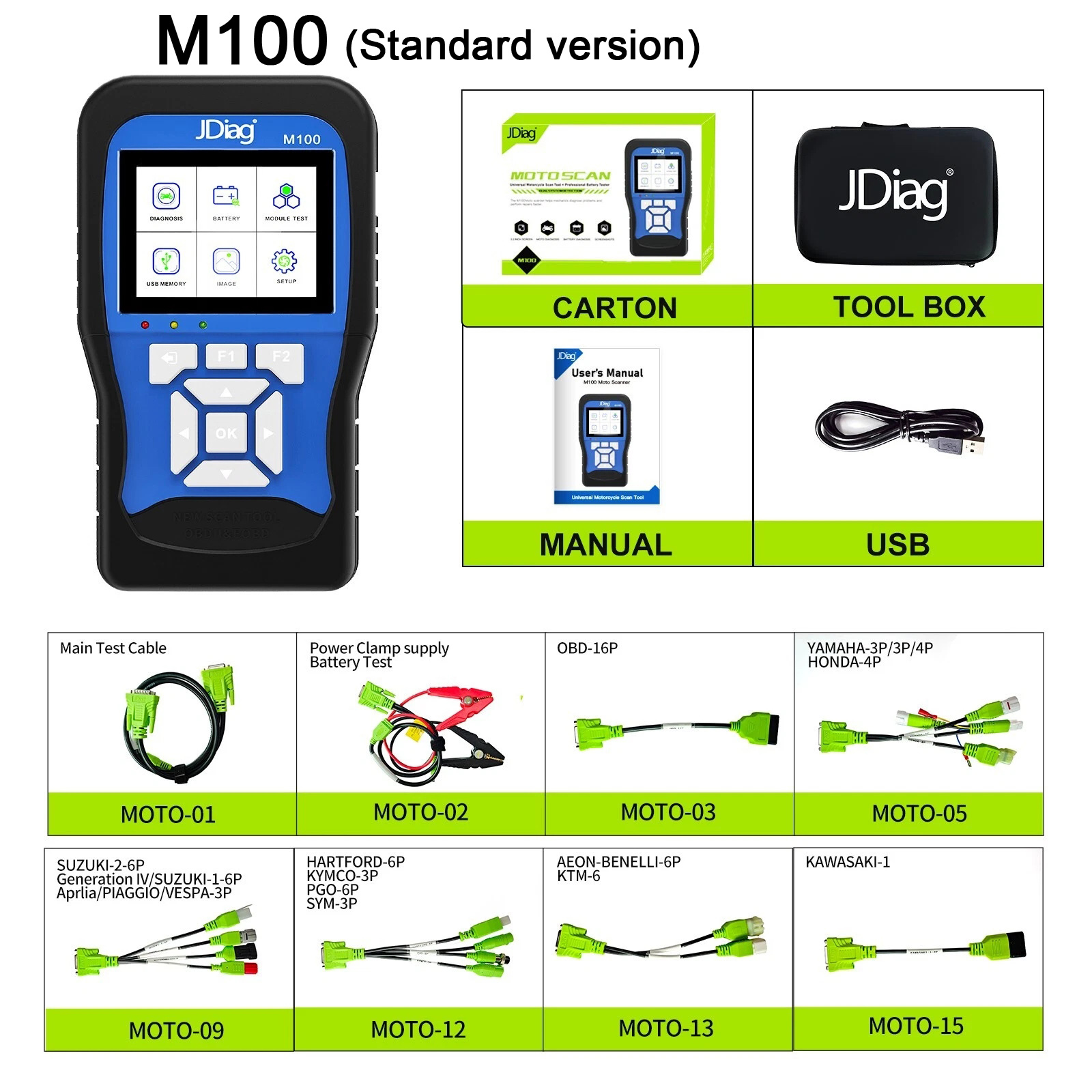 JDiag M100 Motorcycle Diagnostic Scanner Moto Fault Diagnostic Tool Motorbike Code Reader For KTM Yamaha Kawasaki Suzuki Honda