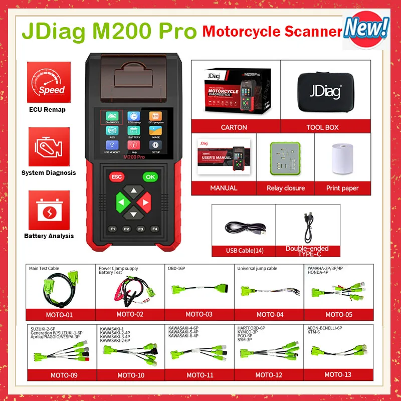 JDiag M200 Pro Diagnostic Scanner with Honda ECU Remap Scanner Battery Tester ABS System Fault Codes For Universal Motorcycle