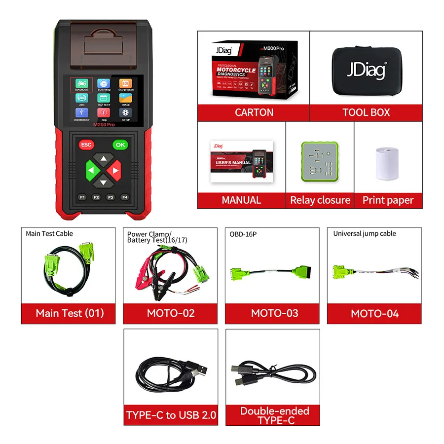 JDiag M200 Pro Diagnostic Scanner with Honda ECU Remap Scanner Battery Tester ABS System Fault Codes For Universal Motorcycle