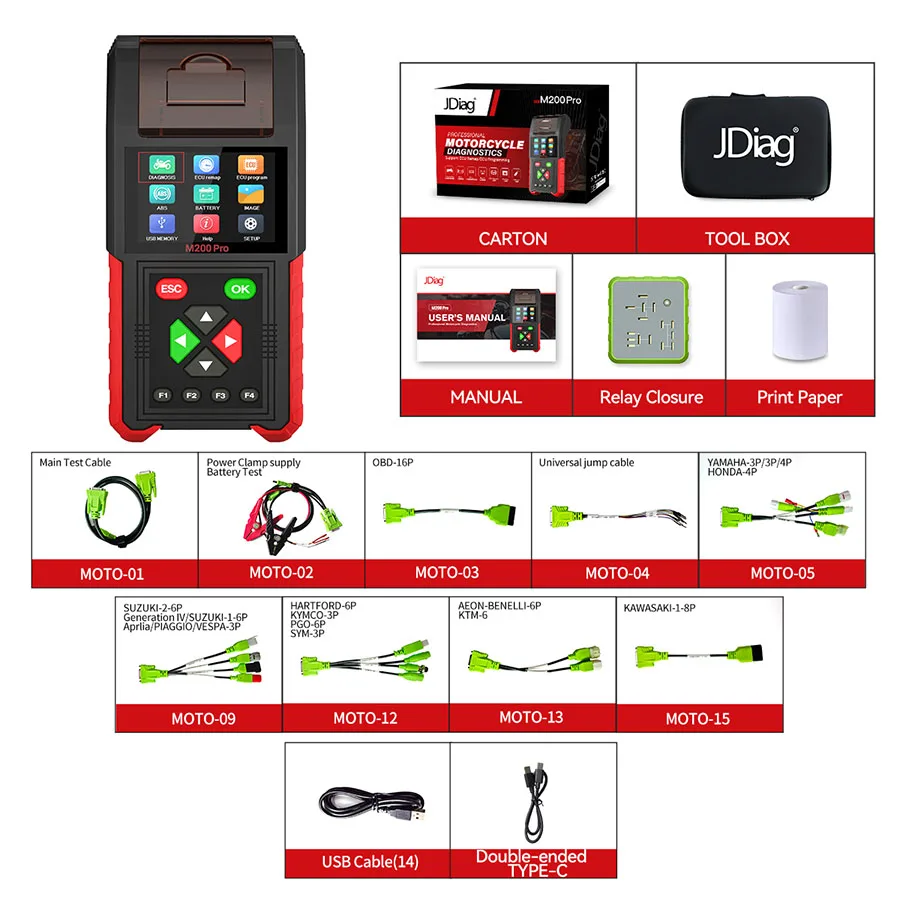JDiag M200 Pro Diagnostic Scanner with Honda ECU Remap Scanner Battery Tester ABS System Fault Codes For Universal Motorcycle