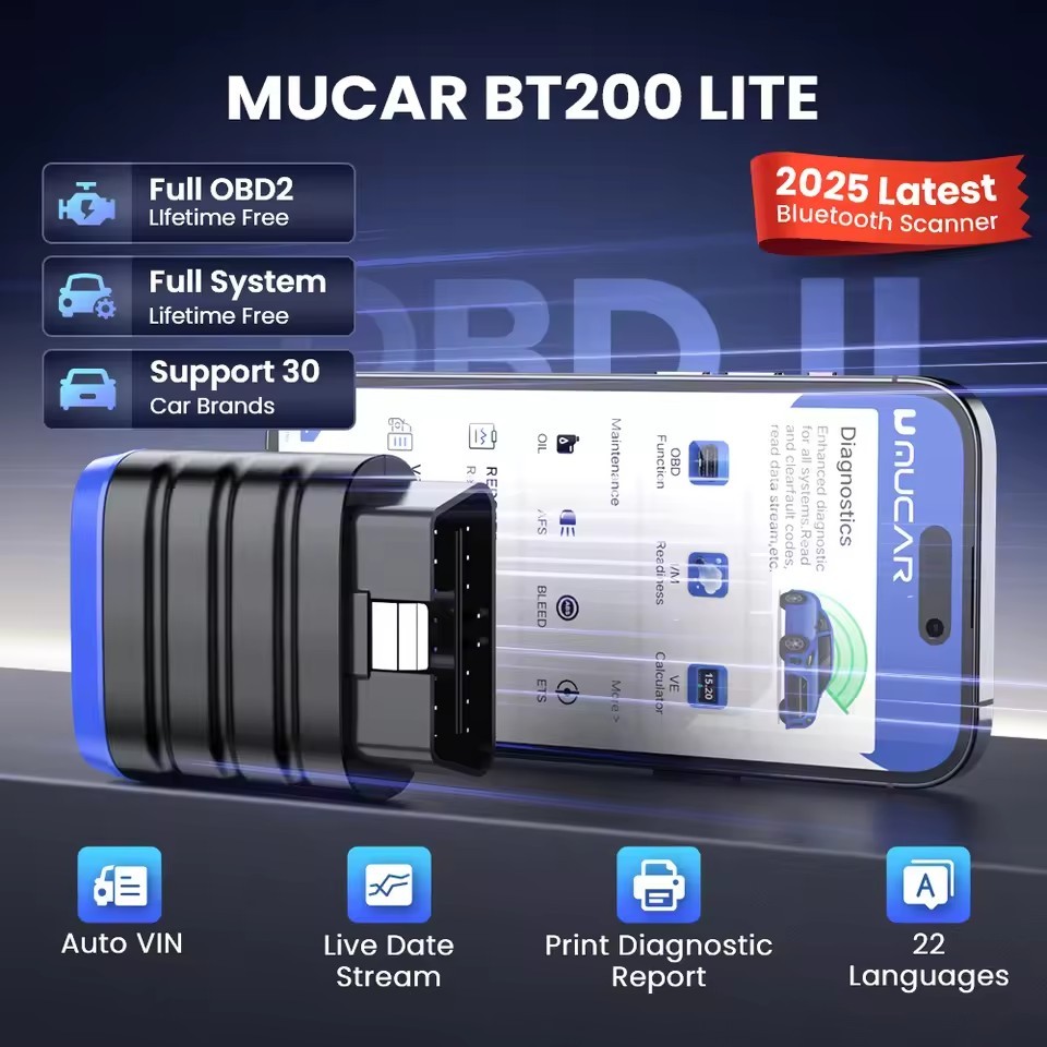 MUCAR BT200 Lite OBD2 Scanner, All System Diagnostic Tool for iOS Android, Check Engine Auto Code Reader for 30 Car Brands